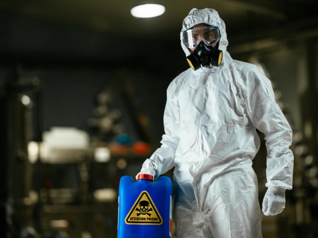 worker handing chemical wearing full PPE