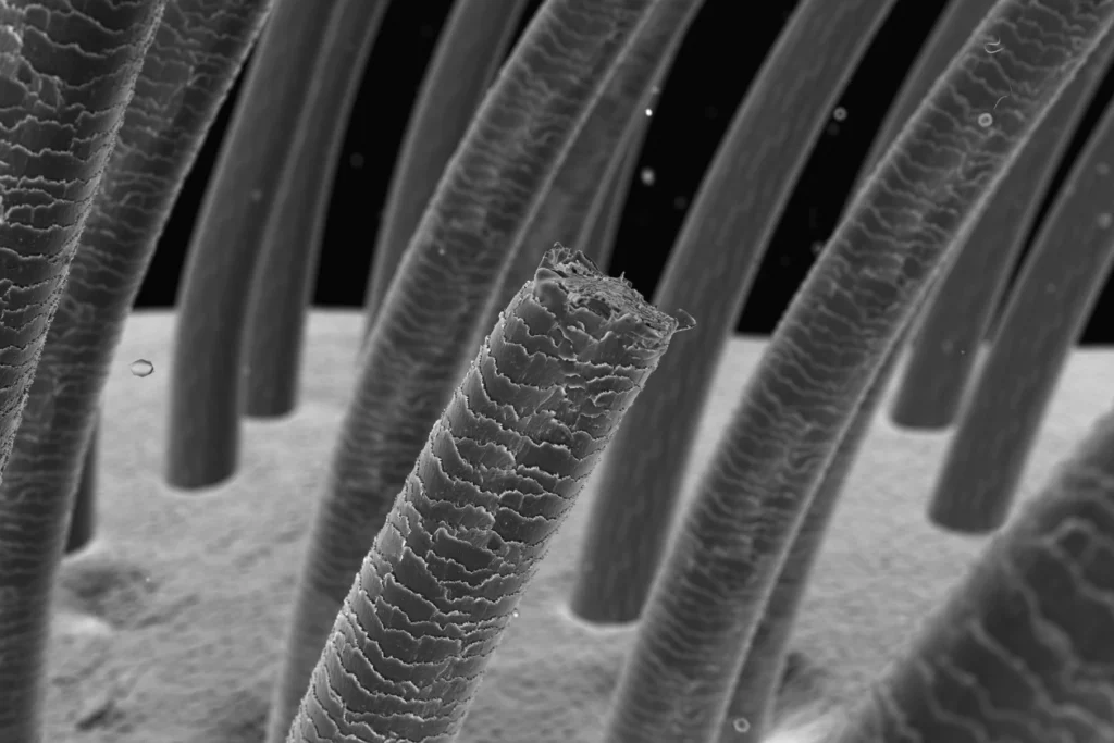 A microscopic image of human hair surface