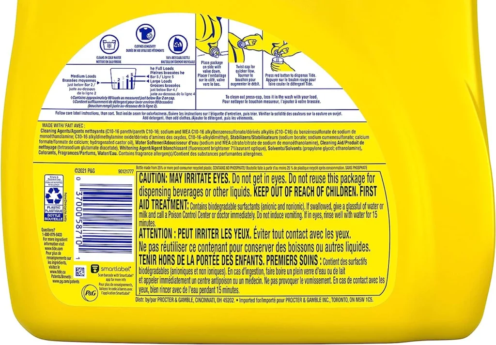 Liquid detergent label with water softener