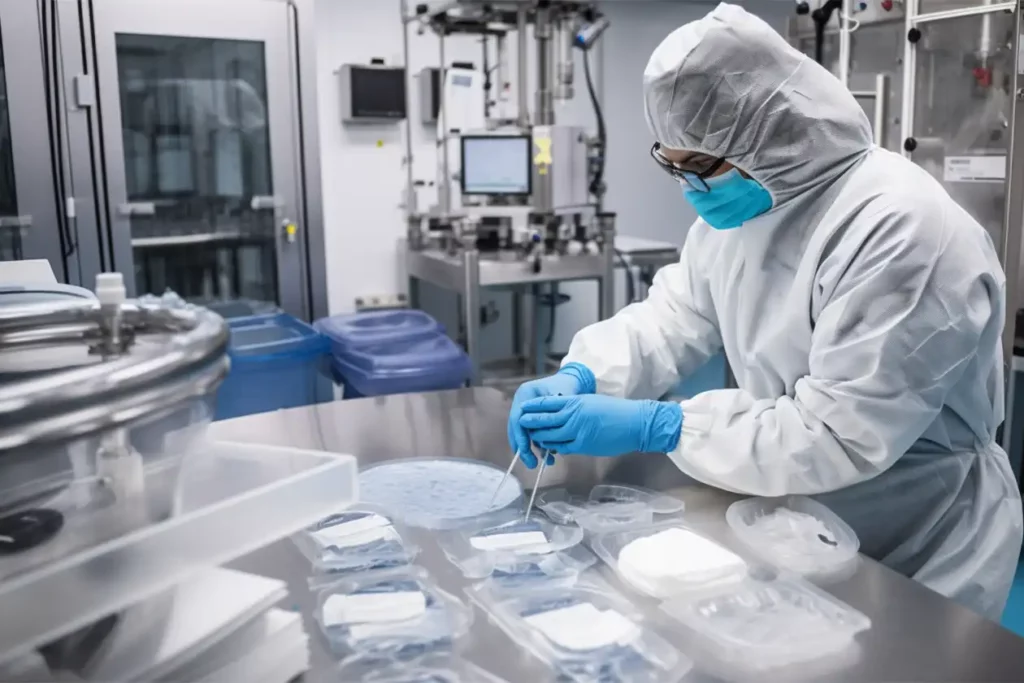 A focused worker in a full-body protective suit, face shield, and bright blue gloves, diligently working in a clean and sterile GMP cosmetics workshop, with stainless steel emulsifying pots and an organized, professional environment