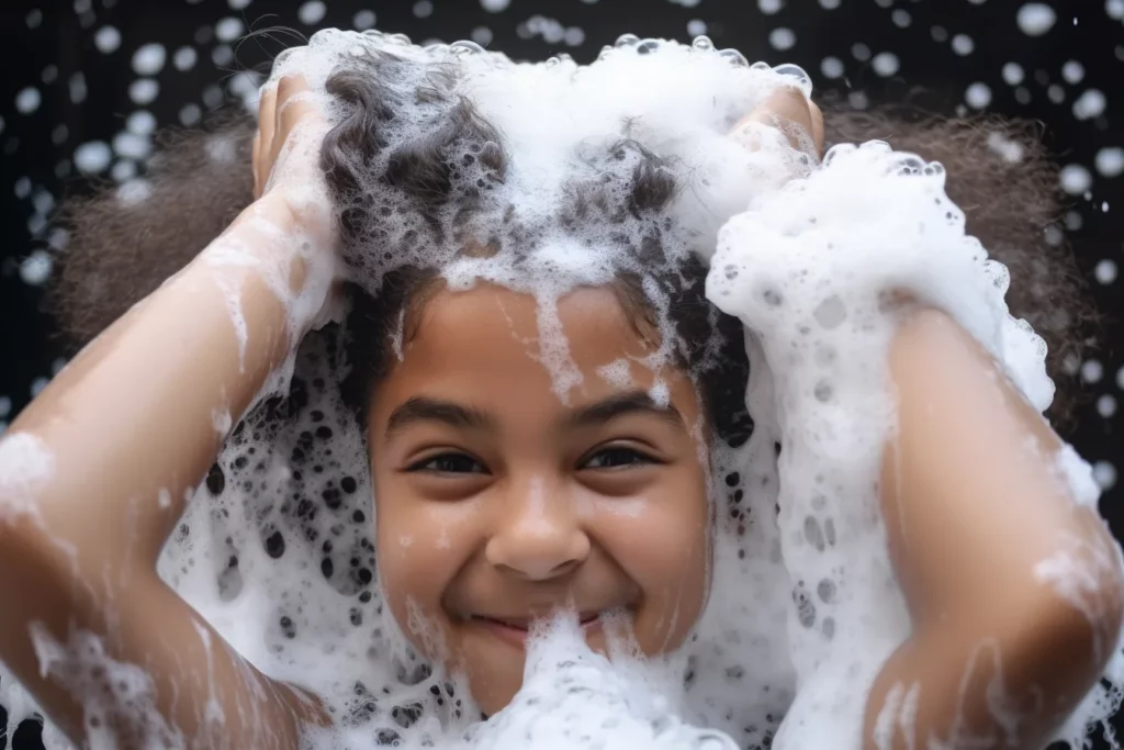 a girl washing hair with copious foam