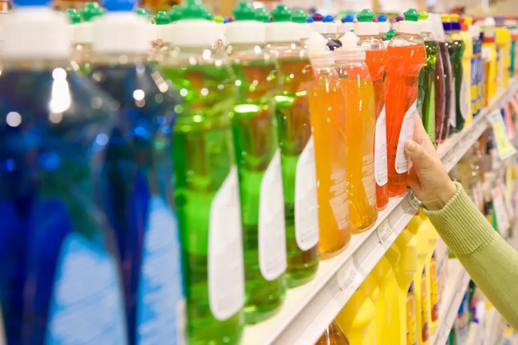 Dishwashing liquid on shelf