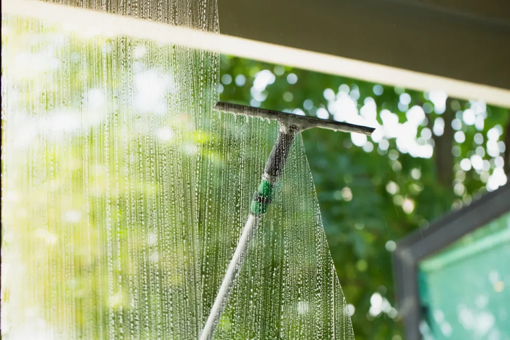 Wiping a window glass with glass cleaner foam