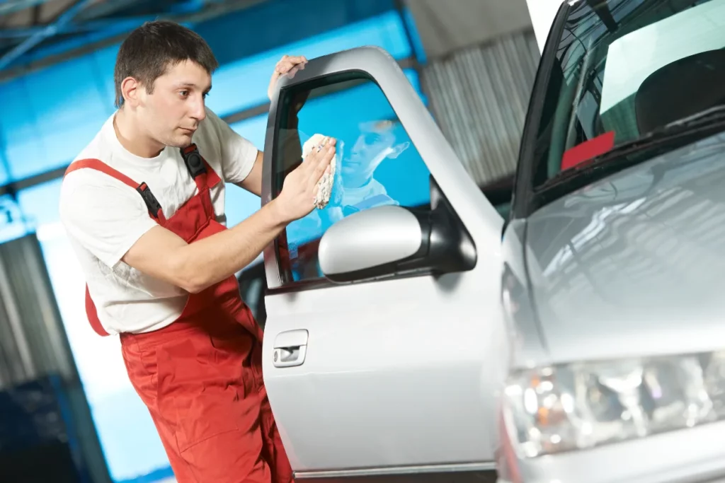 Wiping a car glass with glass cleaner foam