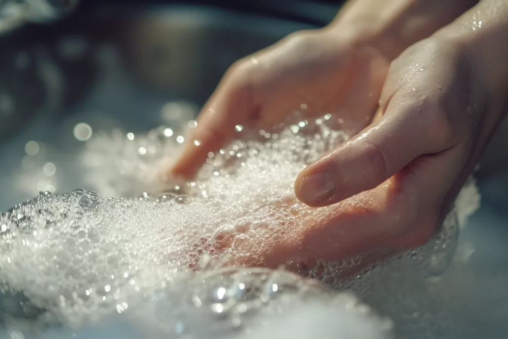 A close up of hands washing dishes with rich foam